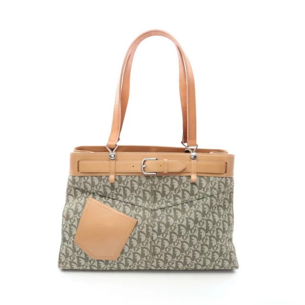 Christian Dior Trotter Tote Bag Canvas Leather Green White Beige Cream